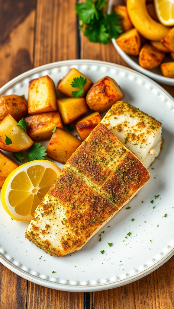 Herb-crusted Mahi Mahi with garlic roasted potatoes, garnished with parsley and lemon, on a rustic wooden table.